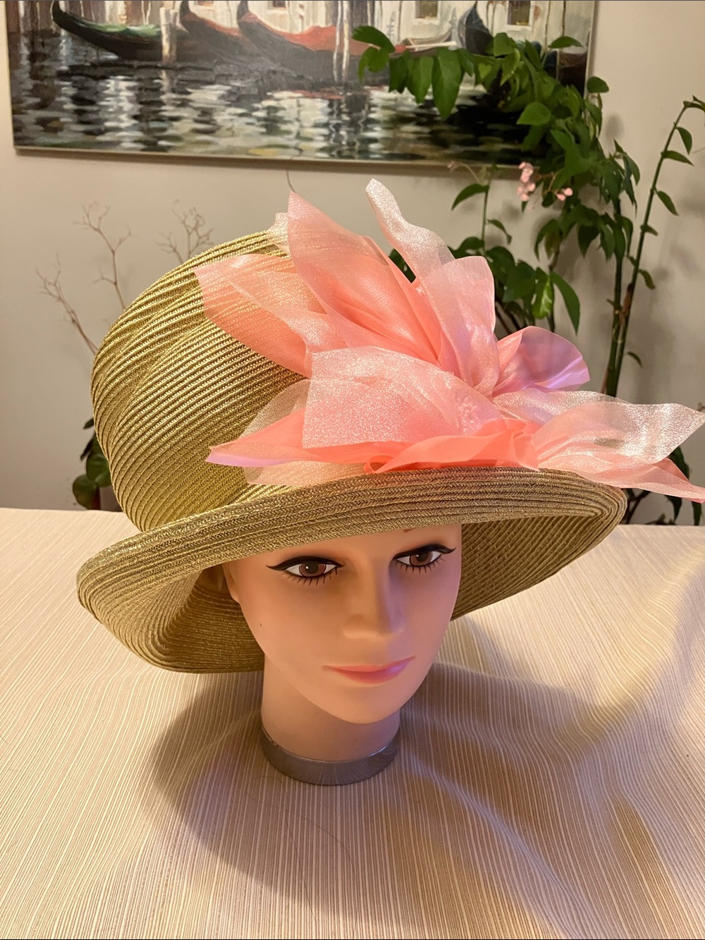 Elegant Metallic Straw Madhatter Hat with Pink Organza Floral Accent